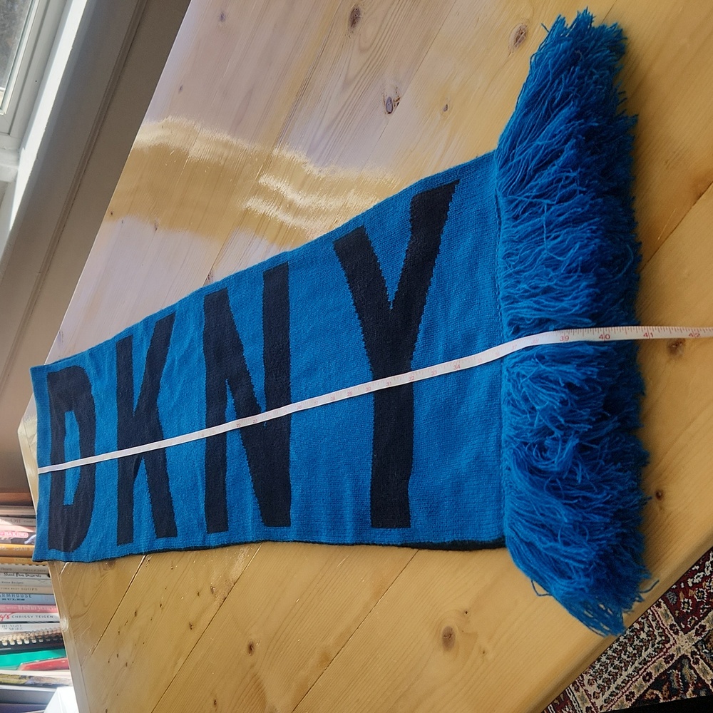 DKNY Womens BOLD Logo Fringe Scarf Wrap Black Blue One Size - Picture 11 of 12